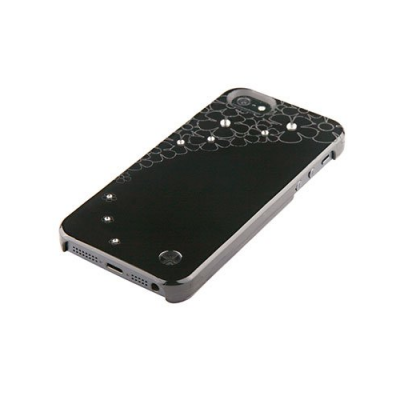 Coque pour iPhone 5 avec cuir véritable surpiqué et cristaux Swarovski - Noire