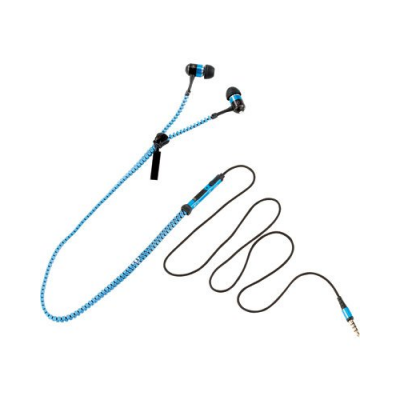 Écouteurs intra-auriculaires avec câble intégré dans fermeture à glissière textile - Bleu