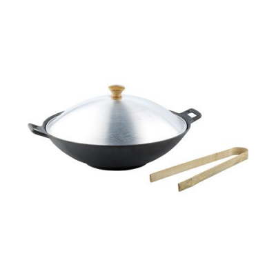 Wok de cuisine en fonte plaque de cuisson et barbecue avec accessoires - diamètre 30 cm