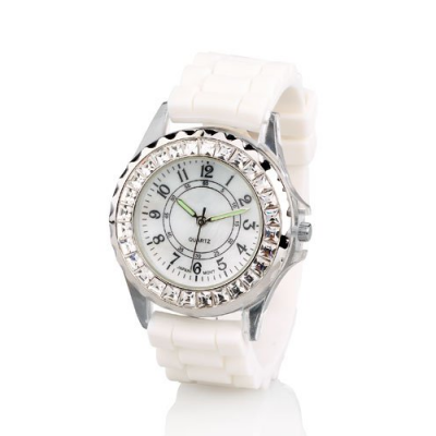 Montre silicone avec strass scintillants blanche aiguilles lumineuses