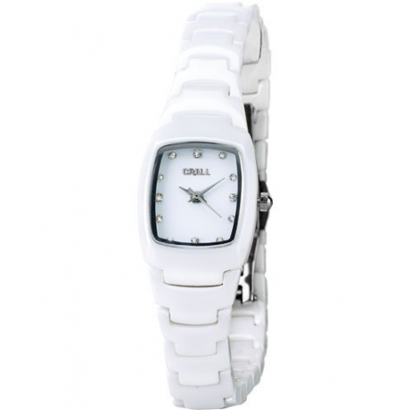 Montre pour femme allongée - Inox et céramique - couleur blanche