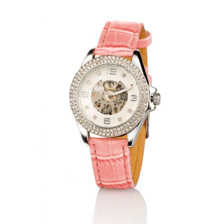 Montre femme cadran orné de Zircons et cuir rose