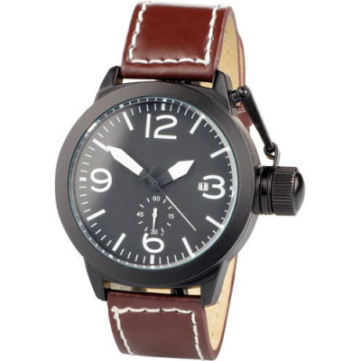 Montre cadran noir et bracelet cuir marron