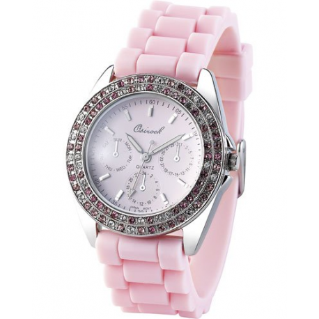 Montre stylé pour femme avec bracelet en silicone souple et très confortable - Rose avec strass