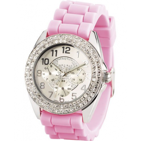 Montre stylé pour femme avec bracelet en silicone souple et très confortable - Rose bonbon avec strass