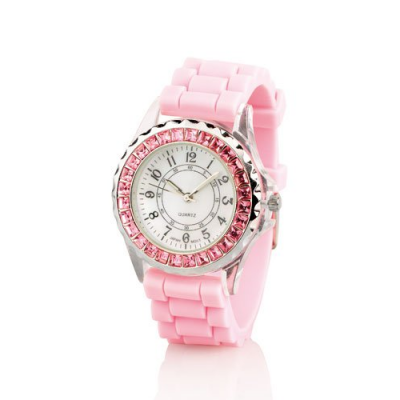 Montre stylé pour femme avec bracelet en silicone souple et très confortable - Rose girly avec strass