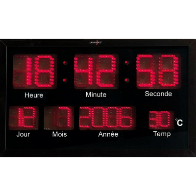 Horloge digitale murale radio-pilotée à led rouges, thermomètre