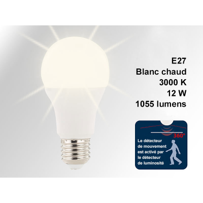 Ampoule à led 12 w/e27 détecteur d'obscurité et de mouvement blanc chaud