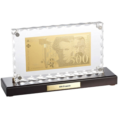 Billet de 500 francs doré dans présentoir : décoration rétro