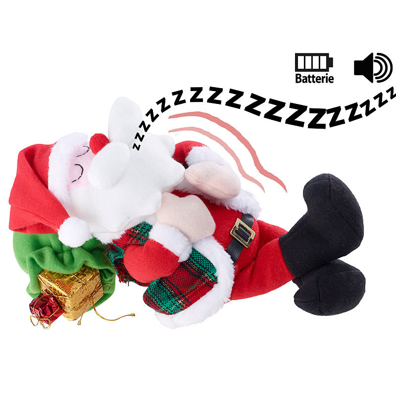 Peluche de père noël qui dort, ronfle et respire : déco noël