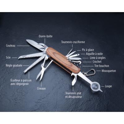 Couteau multifonction de poche 16 outils manche en bois